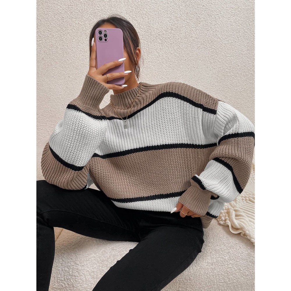 Color Block striped Mock Neck oversized Sweater tan white black - Picture 4 of 6